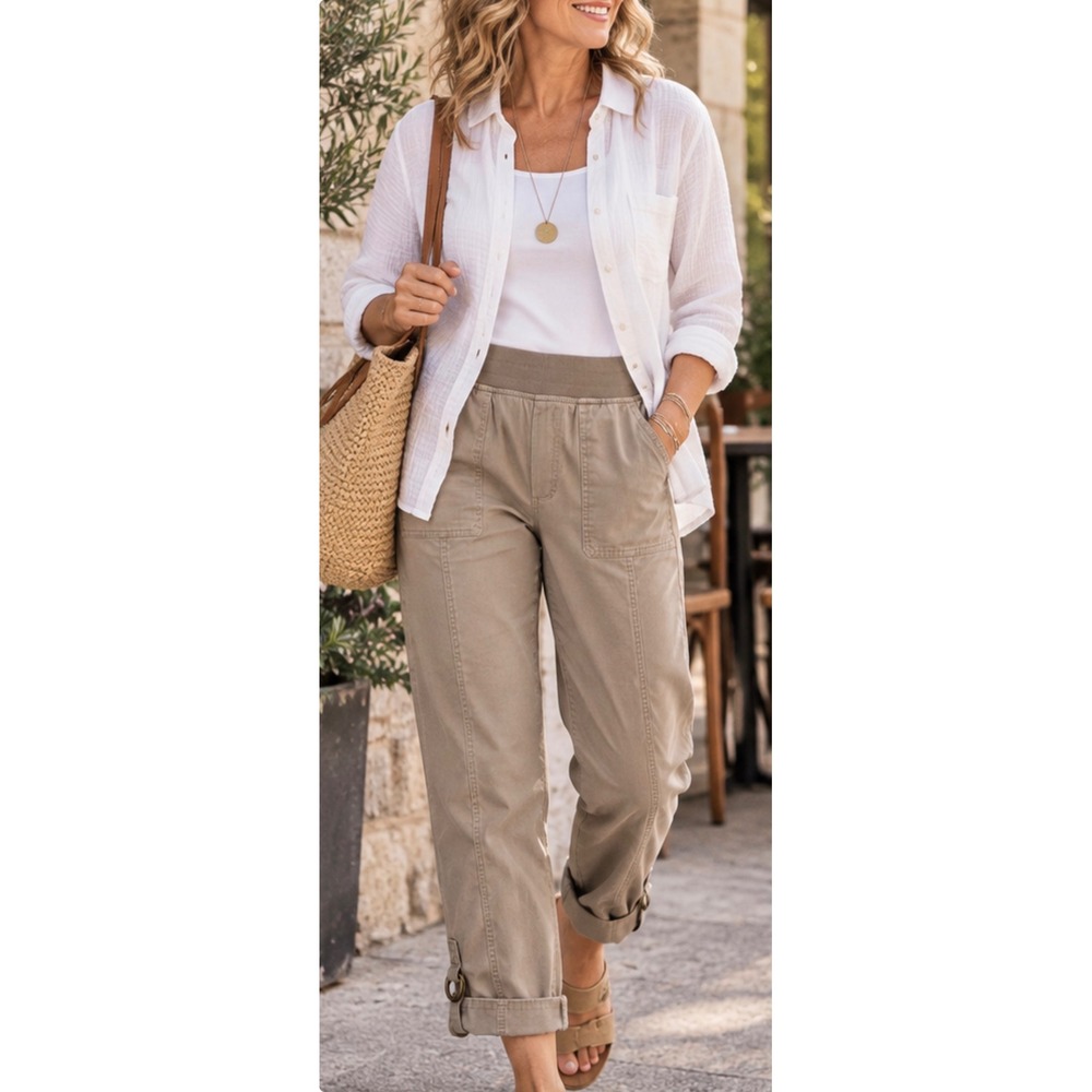 Soft Surroundings Khaki Tan Utility Pants D-Ring Hem Pull On Elastic Trousers